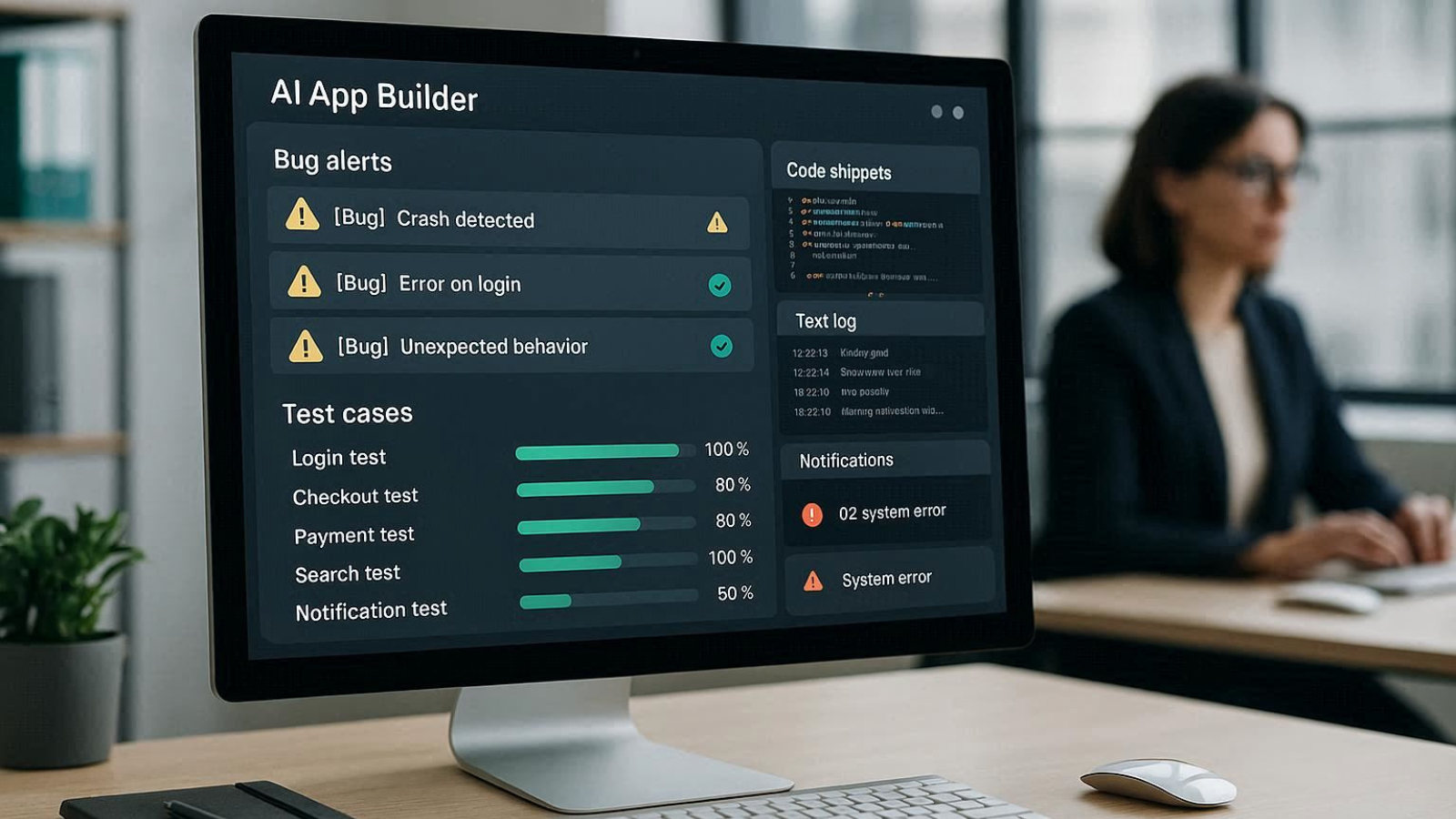 Automated Testing Dashboard AI app builder dashboard displaying automated testing results, bug alerts, and quality checks on an office desktop screen