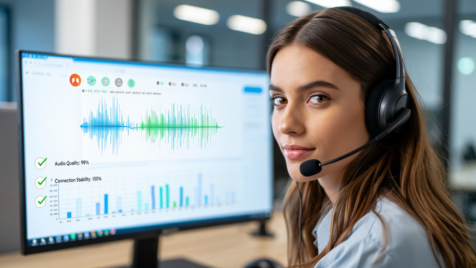 Call Monitoring In Customer Support A customer support agent with call monitoring and quality checking.