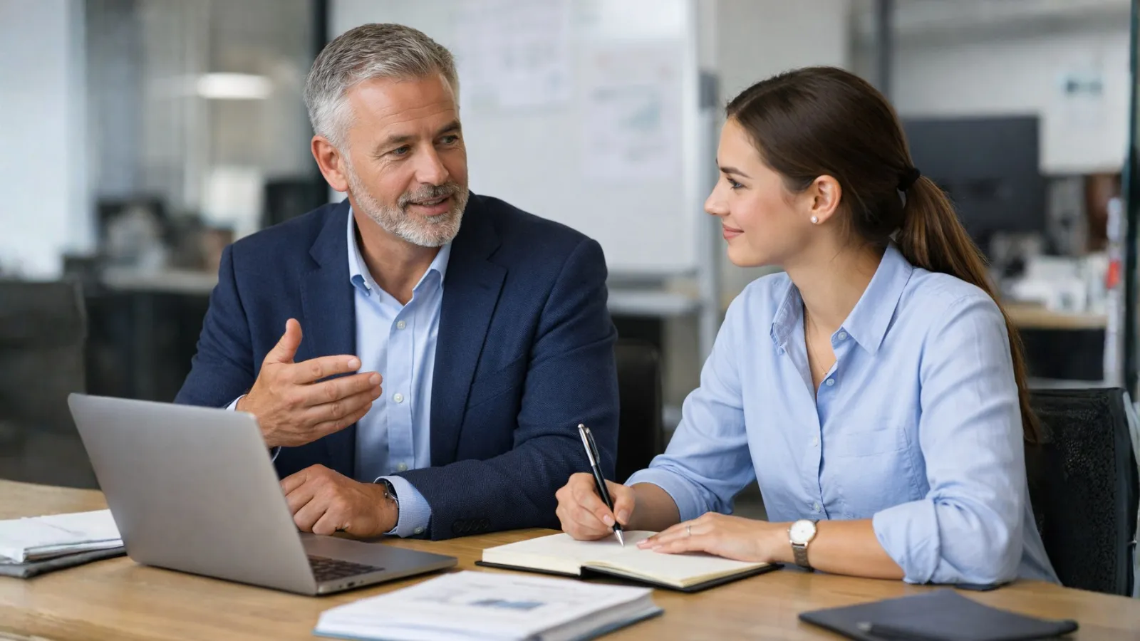 Confidence and Mentorship Experienced manager guiding a junior employee in a one-on-one meeting, representing mentorship and confidence building at work