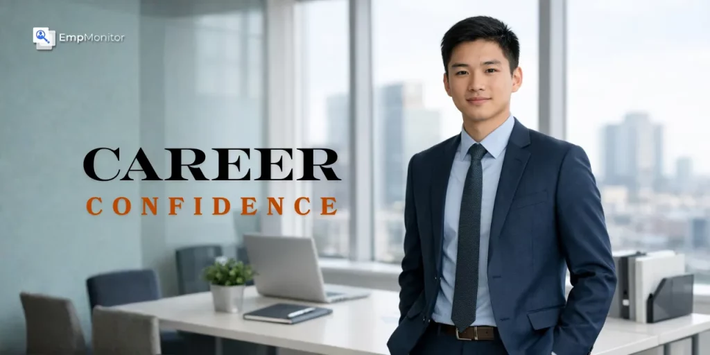 Professional standing confidently in an office setting, representing early career confidence and workplace growth