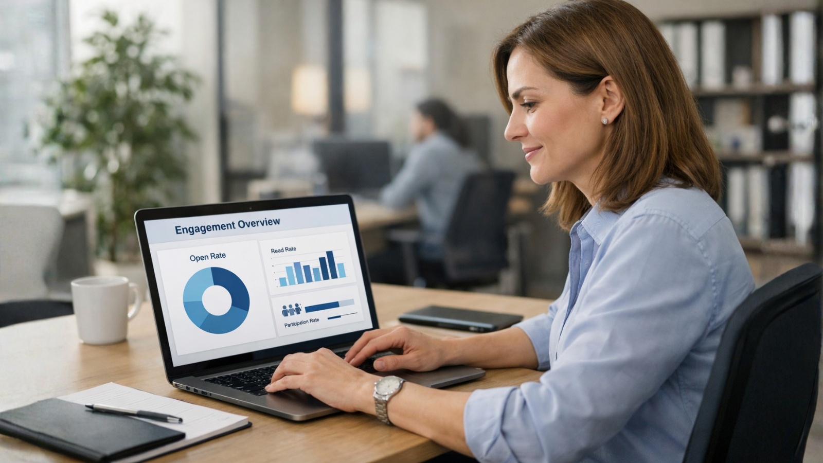 Impact Of Reactivation HR professional reviewing email engagement metrics on a laptop, showing how to measure the impact of employee reactivation campaigns.