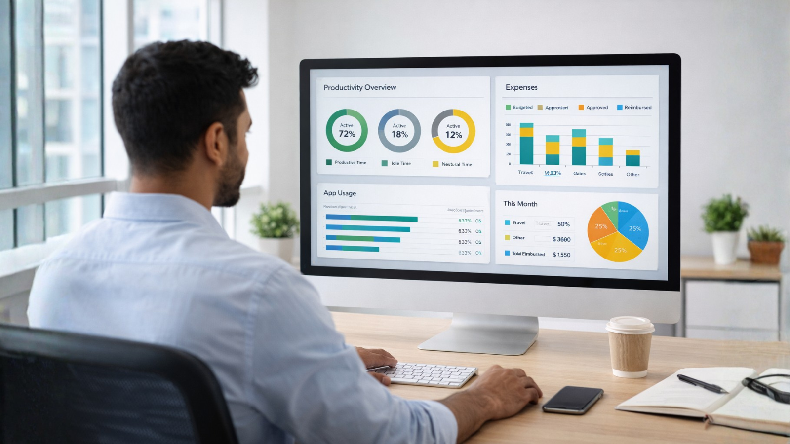 Visibility Through in-depth Reports A person looking at the performance and expense reports on a screen.