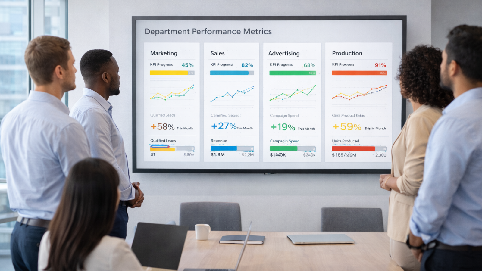 What Future Holds? Leadership team analyzing department-wise performance data on a large screen dashboard.