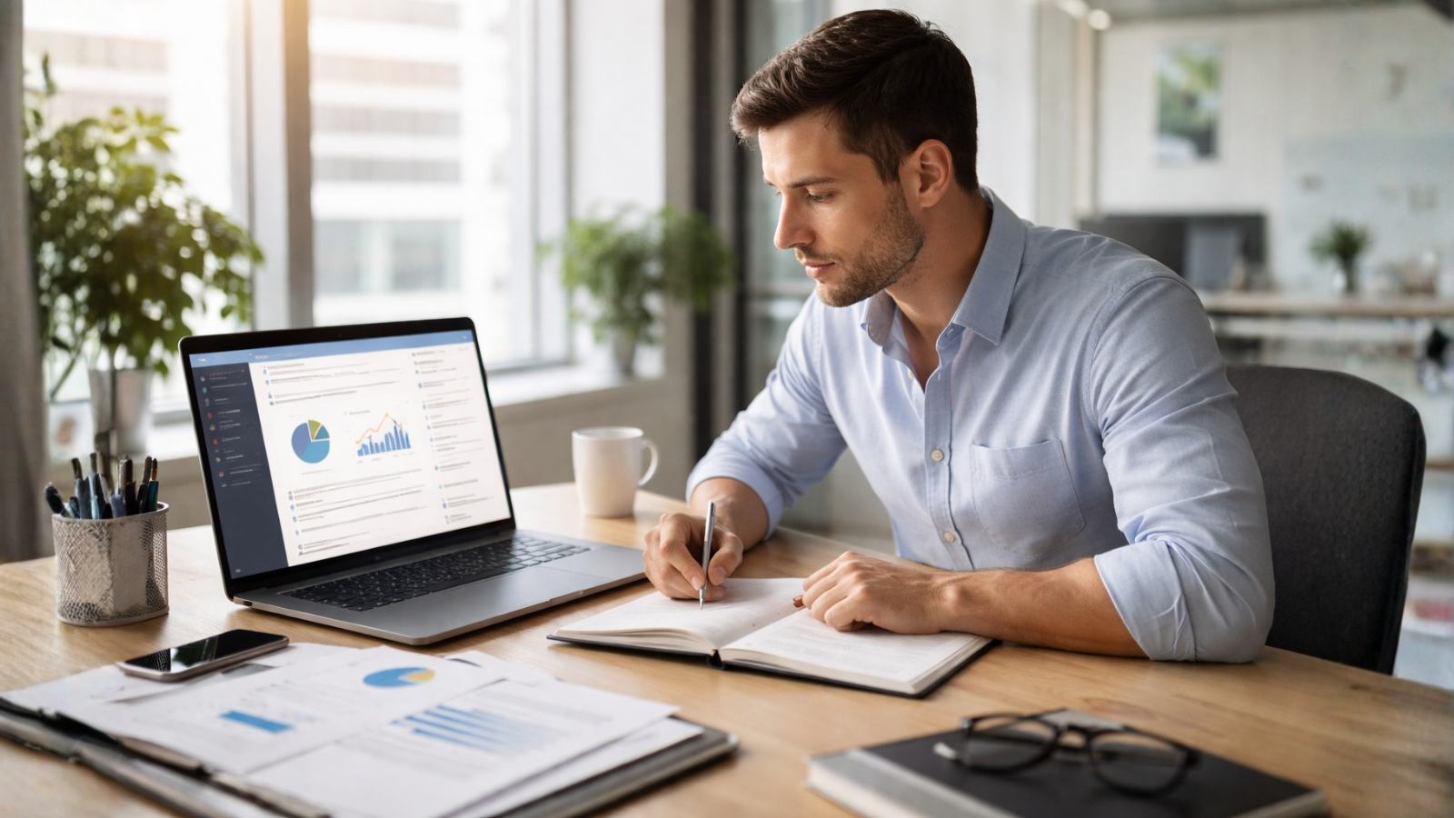 Strengthening Confidence Through Knowledge and Skill Development Professional working at a desk reviewing data and taking notes, representing skill development and growing confidence at work