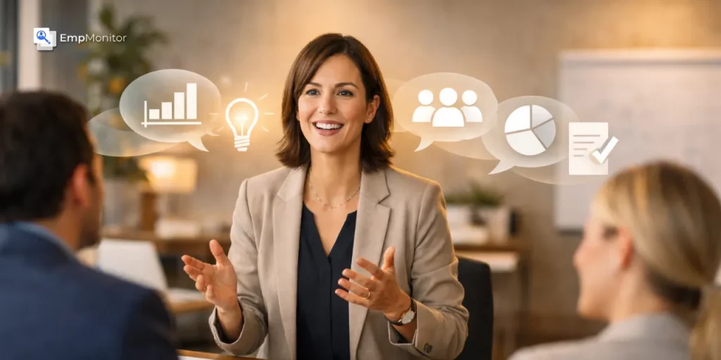 Professional leading a meeting, demonstrating storytelling skills through clear communication and collaboration in a modern workplace