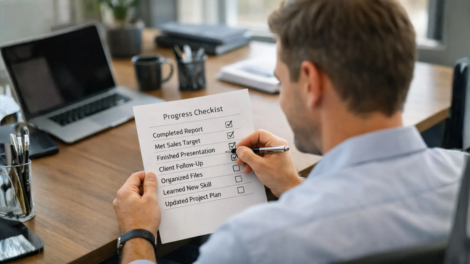 Ways to Build Confidence Employee tracking small wins on a checklist, representing confidence building through daily actions