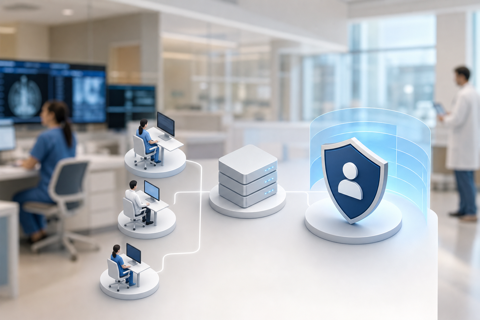website and app usage monitoring in a healthcare setting, diagram of endpoints, monitoring server, role-based access, and PHI redaction