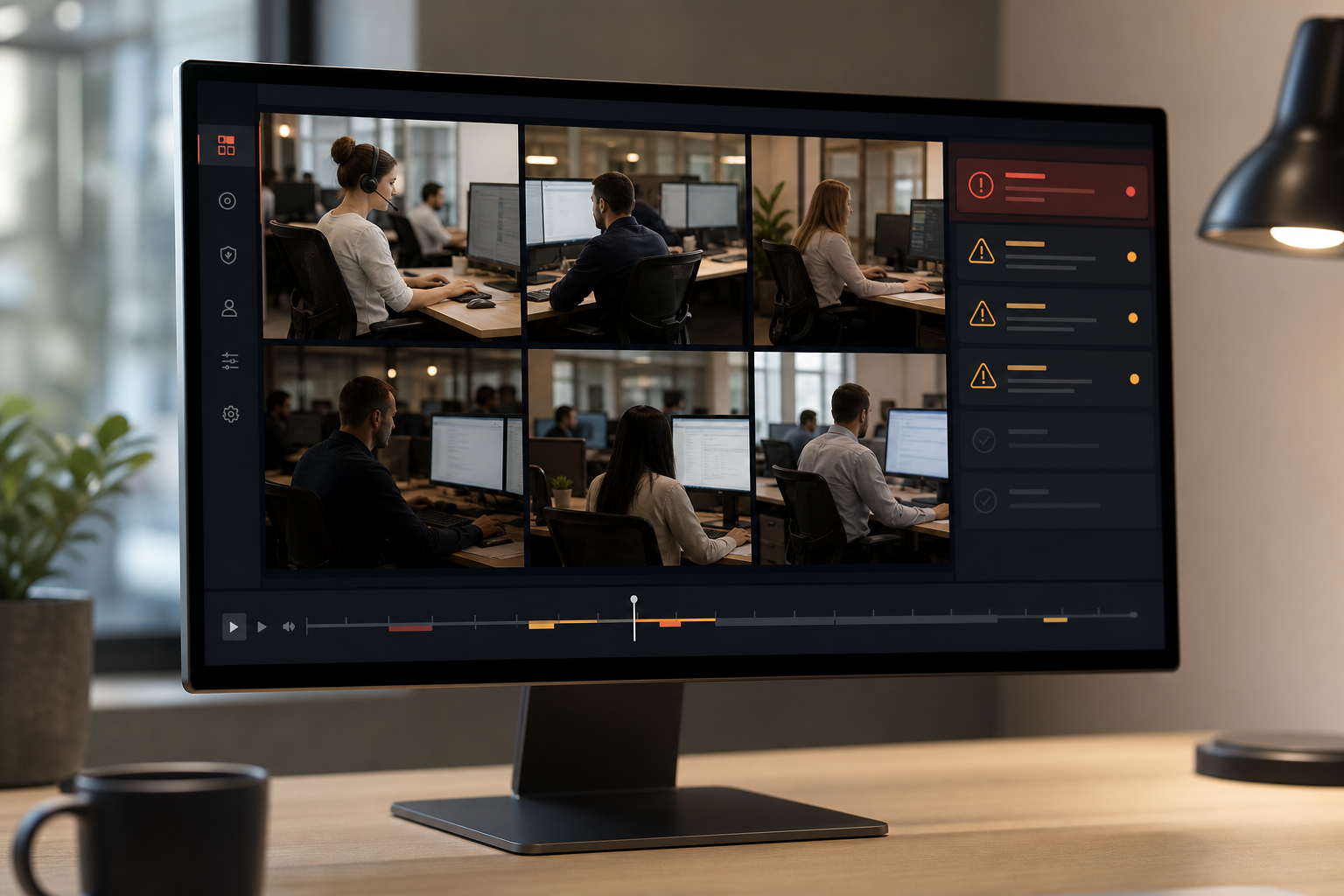 Call center monitoring dashboard with live screens, alerts, shift filters