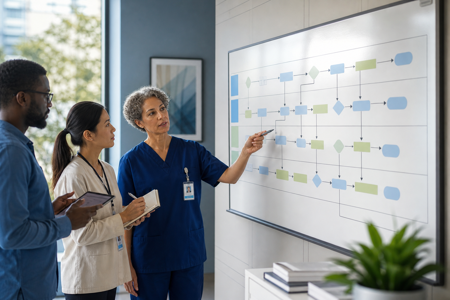 step-by-step rollout swimlane diagram for hospital time tracking